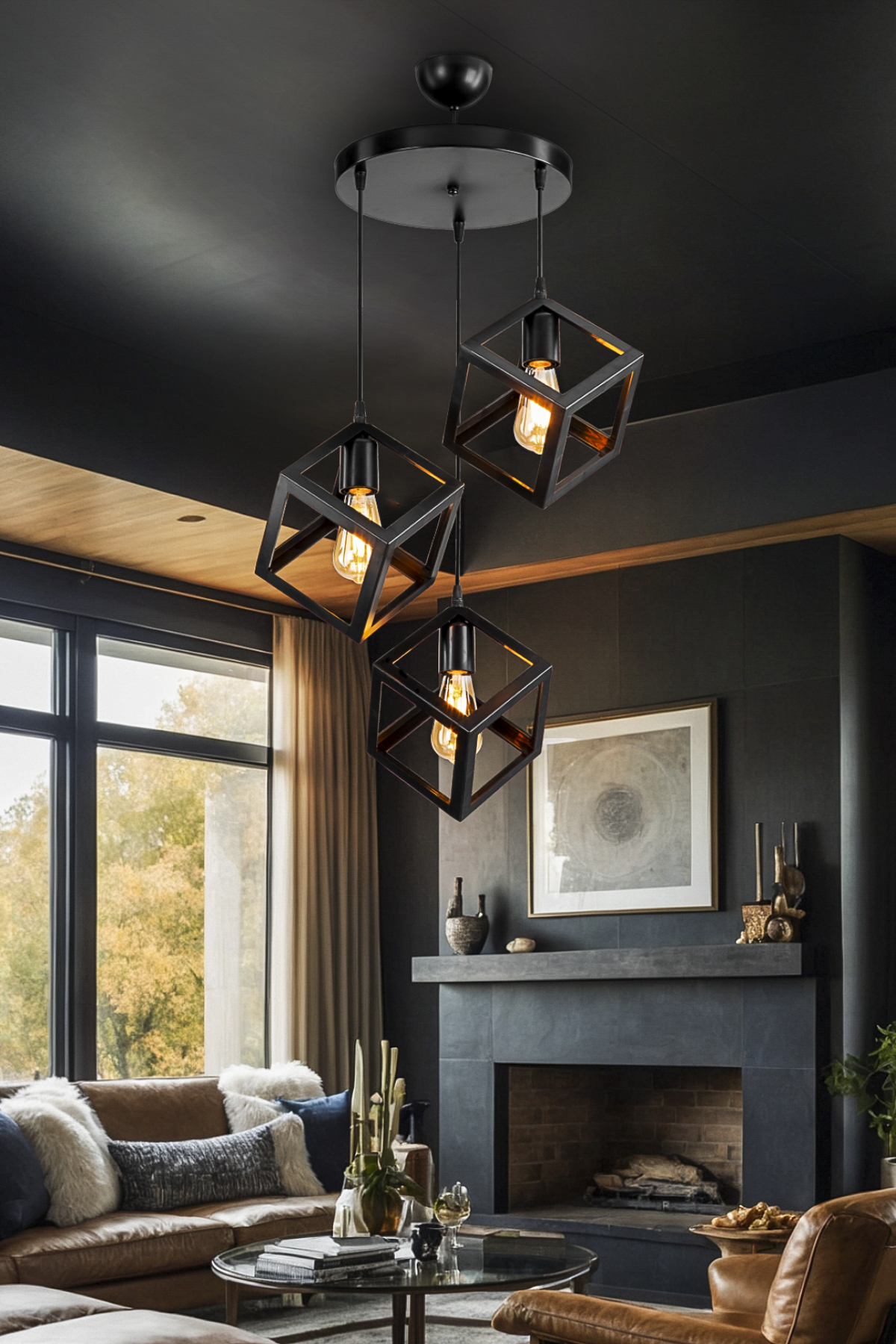 ASZ.1612  KÜP 3LÜ AVİZE SİYAH